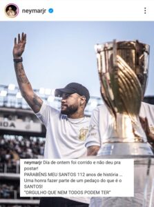 Com atraso, Neymar parabeniza o Santos pelo aniversário